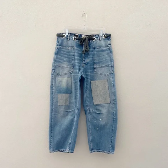 Free People Moxie Barrel Jeans Denim Blue Patches Baggy Slouchy Boho Festival 31 - Picture 5 of 14